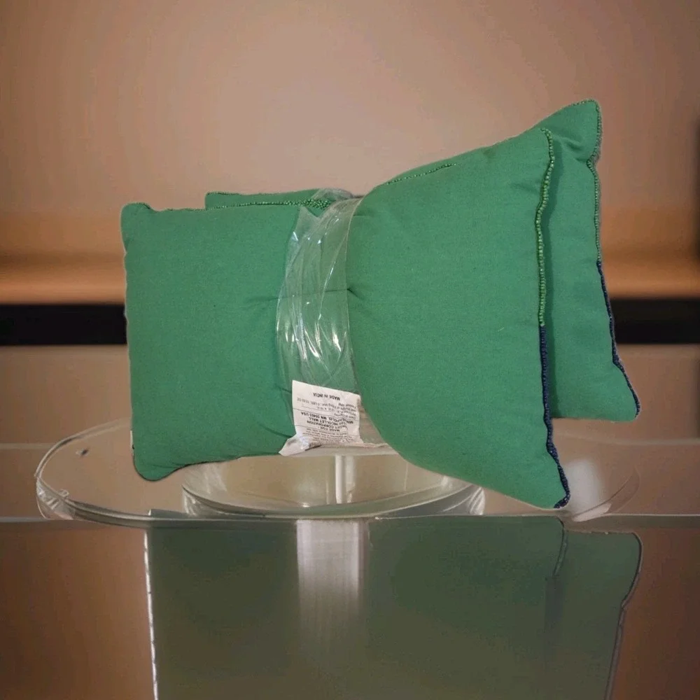 Kate Spade X Set Of Two Couch Potato Beaded Pillow Green/Blue Colorblock 12x18